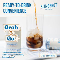 Slingshot Coffee Vanilla Blossom ready-to-drink can on table for travel.
