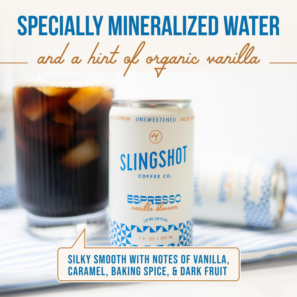 Slingshot Coffee Vanilla Blossom can over ice for refreshing post-workout.
