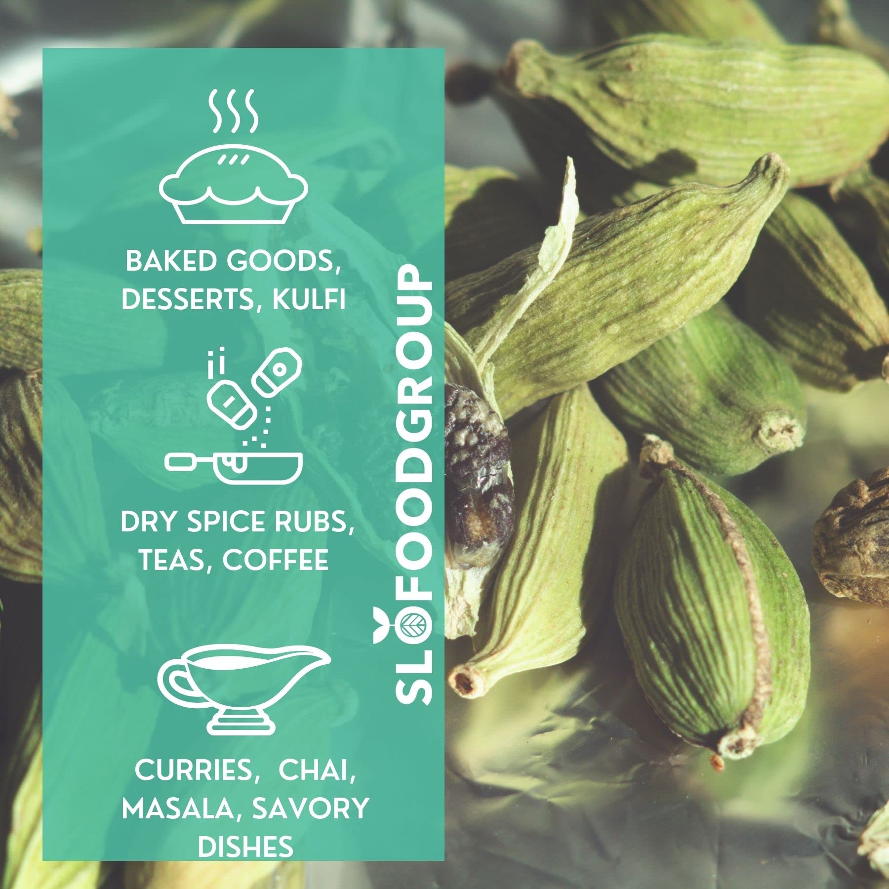 Slofoodgroup whole cardamom pods for curries and fragrant desserts.