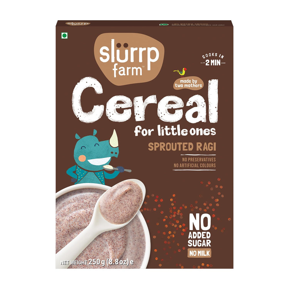 Slurrp Farm Sprouted Ragi Cereal pack highlights clean-label packaging and no added sugar for babies