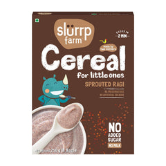 Slurrp Farm Sprouted Ragi Cereal pack highlights clean-label packaging and no added sugar for babies