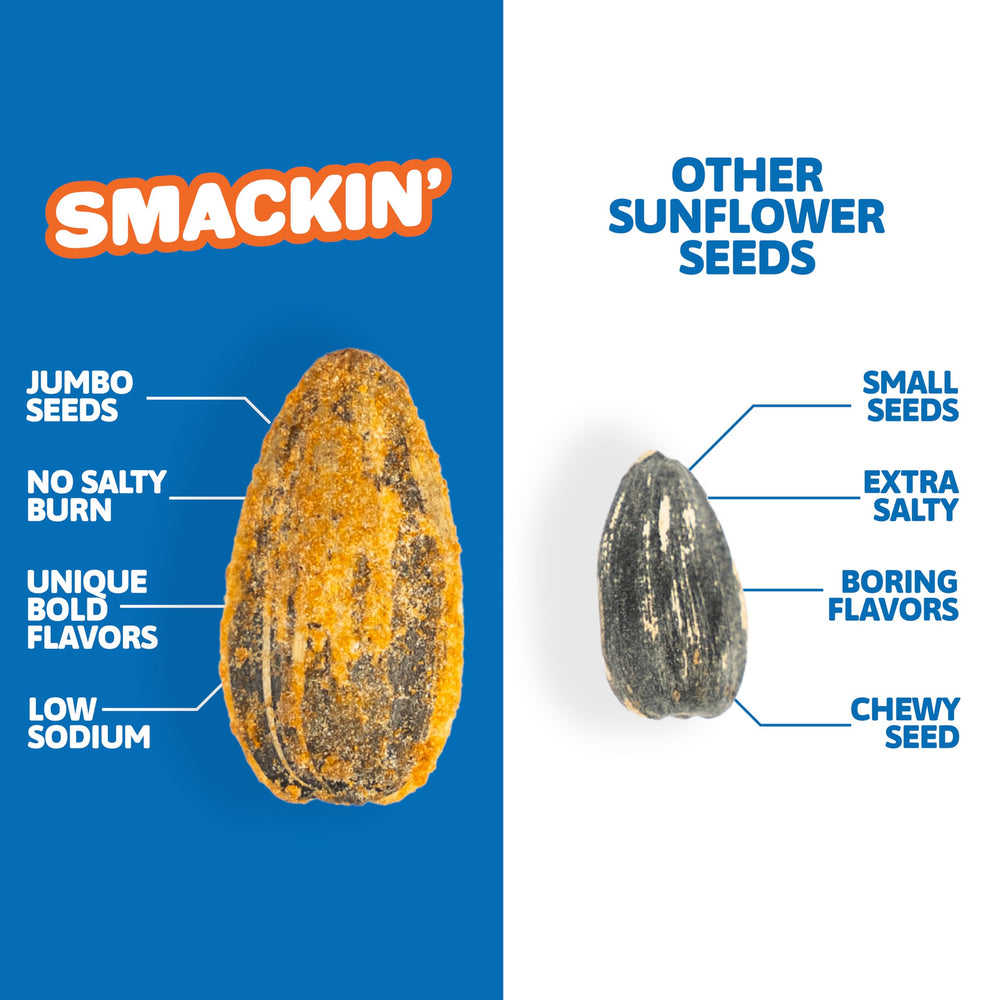 Smackin' Sunflower Seeds bite-into flavor close-up emphasizes crunch and bold finish.