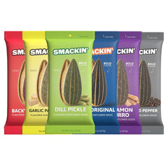 Smackin' Sunflower Seeds pack front shows bold flavors for on-the-go snacking.