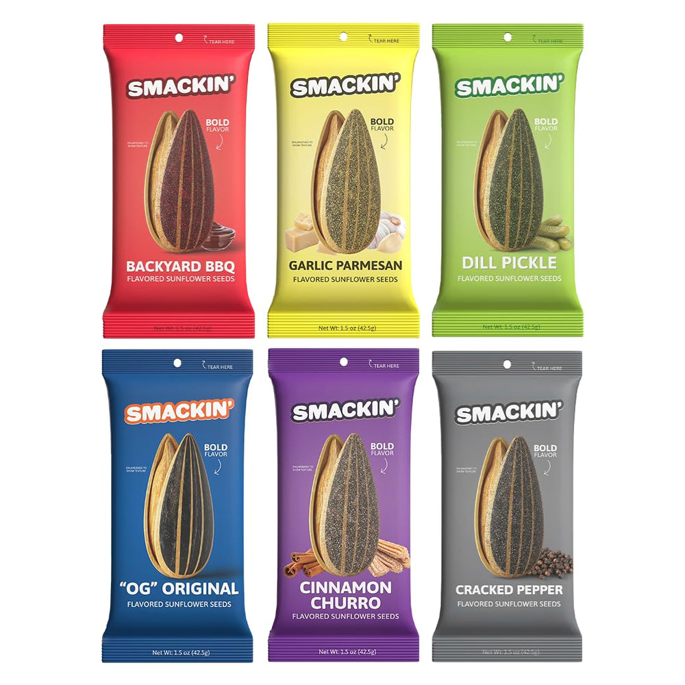 Smackin' Sunflower Seeds salt-awareness label communicates lower sodium per serving.