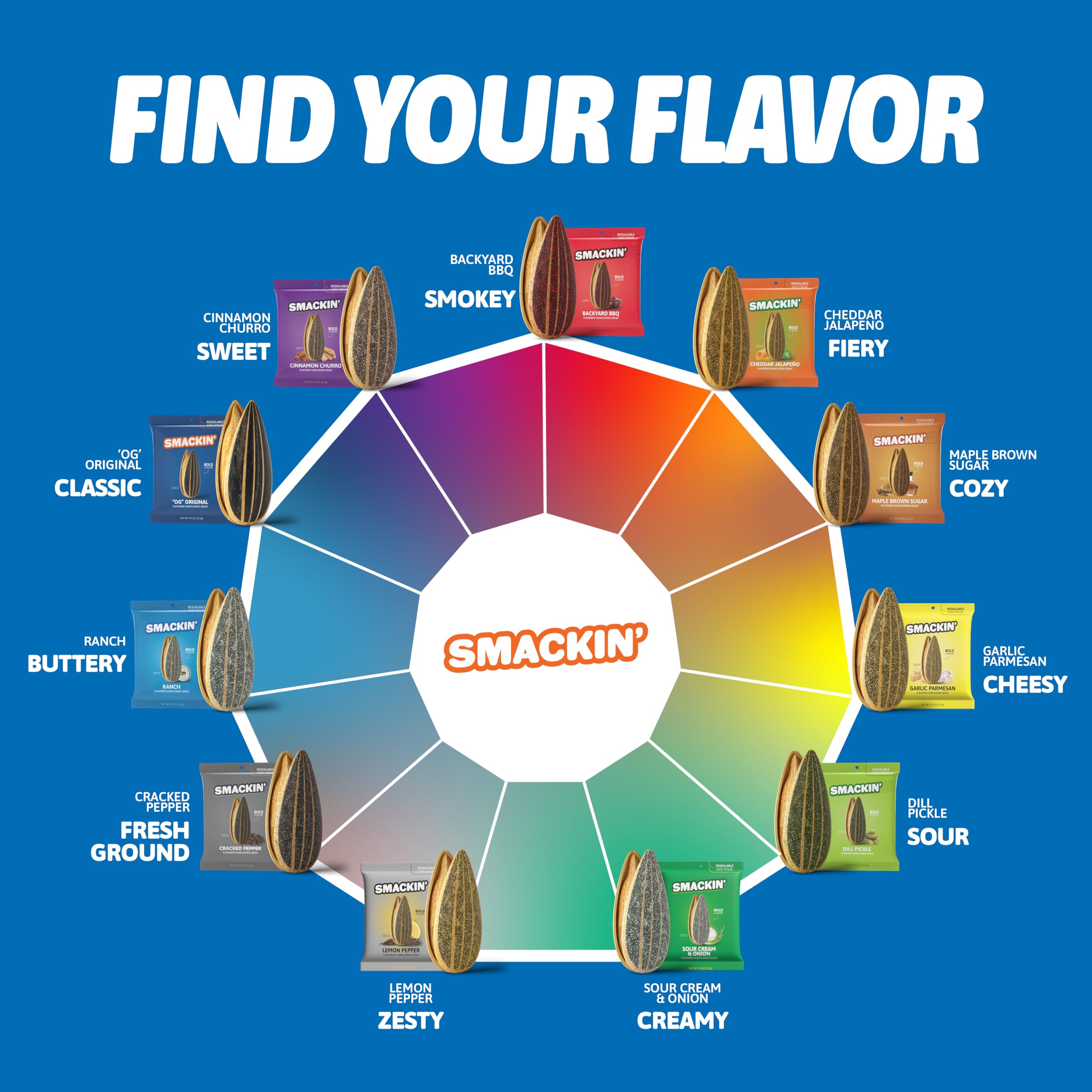 Smackin' Sunflower Seeds variety-pack display signals six-flavor option.