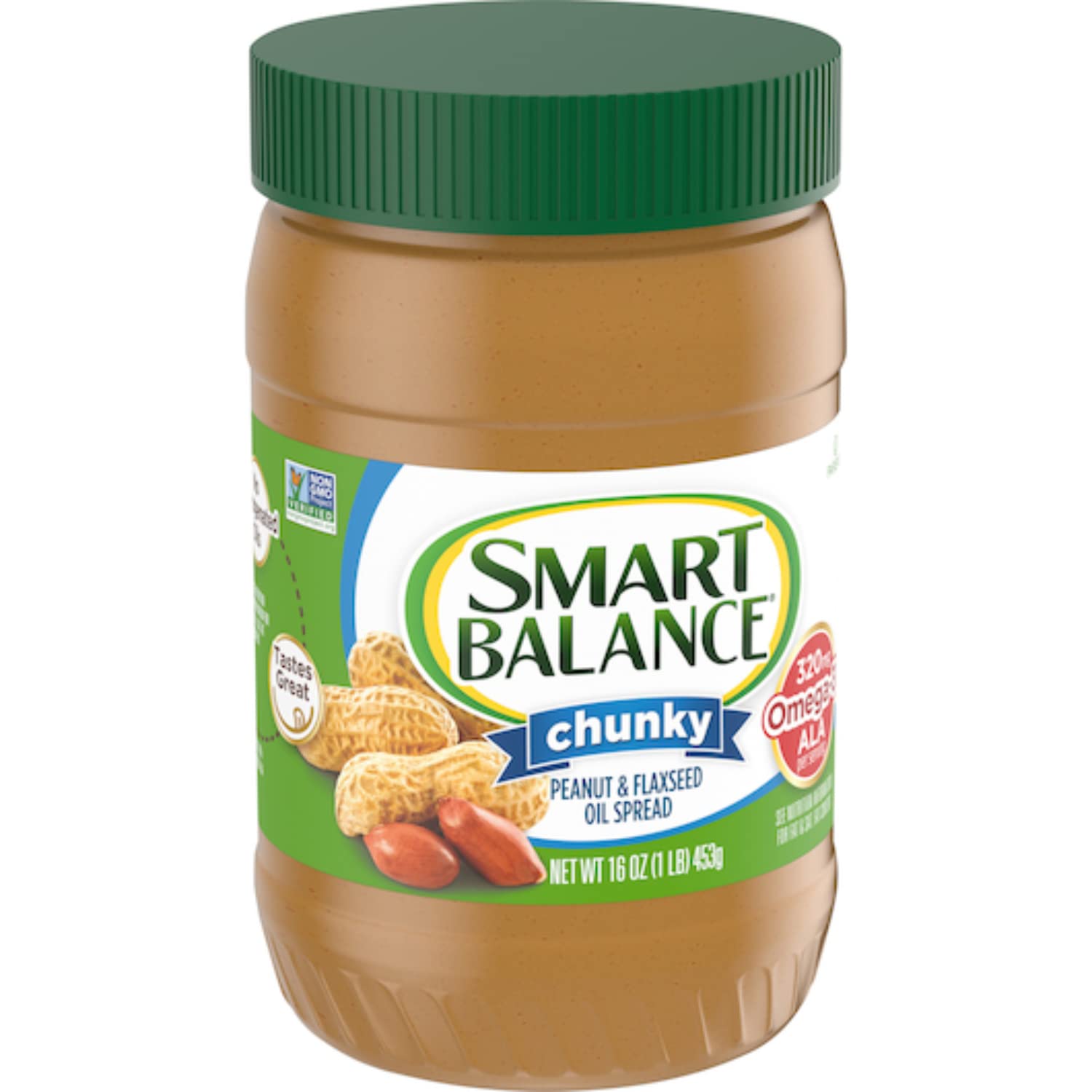 Label highlights vegan and non-GMO attributes on Smart Balance jar.