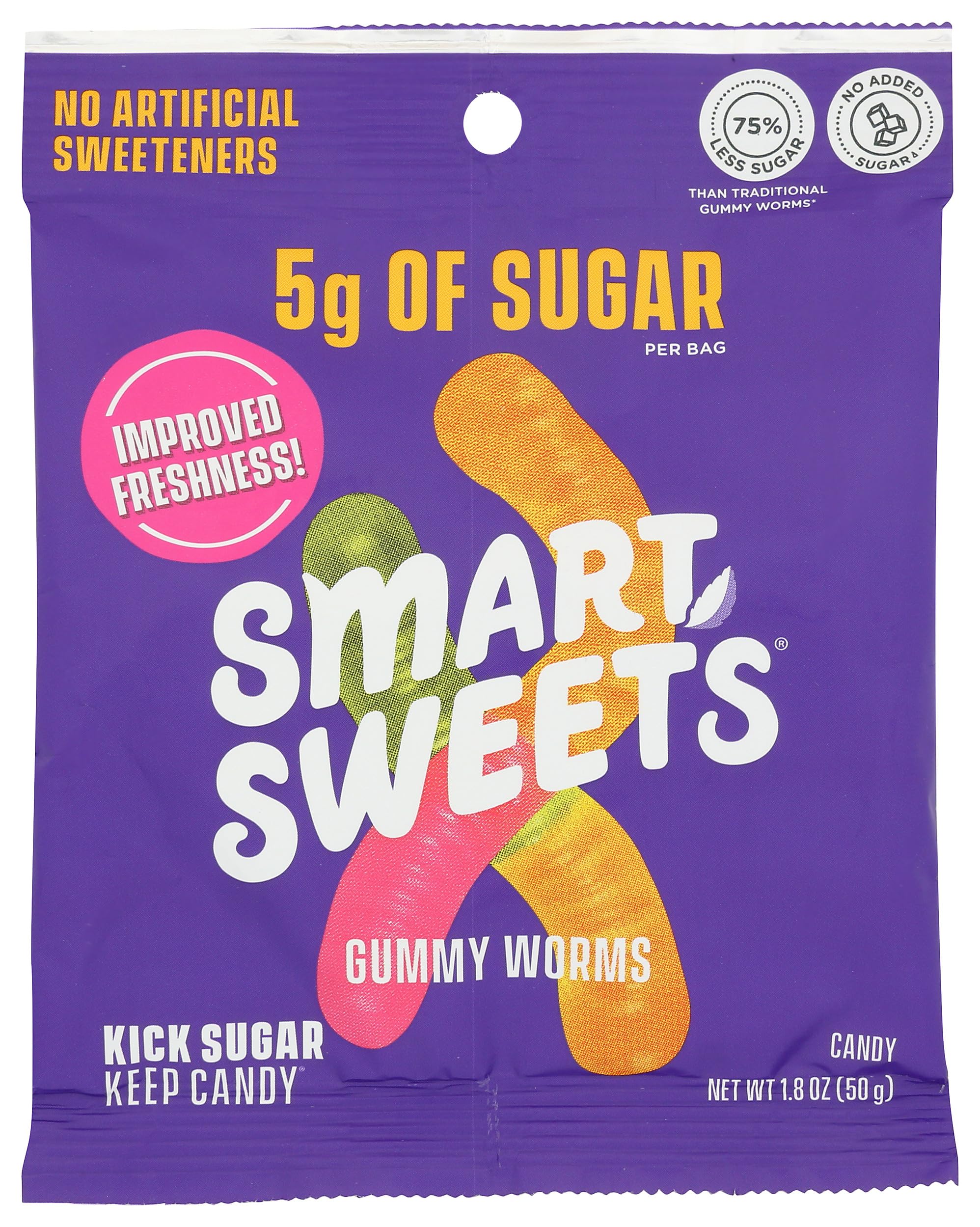 SmartSweets Gummy Worms pack shot highlights a premium, on-the-go snack option.
