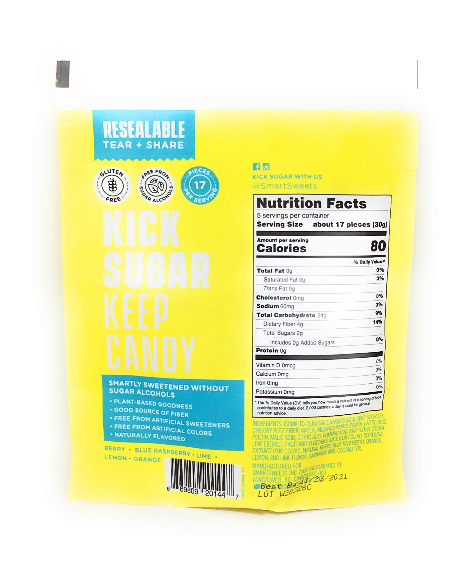 SmartSweets Sour Blast Buddies closeup candies highlighting chewy texture and sour coating.