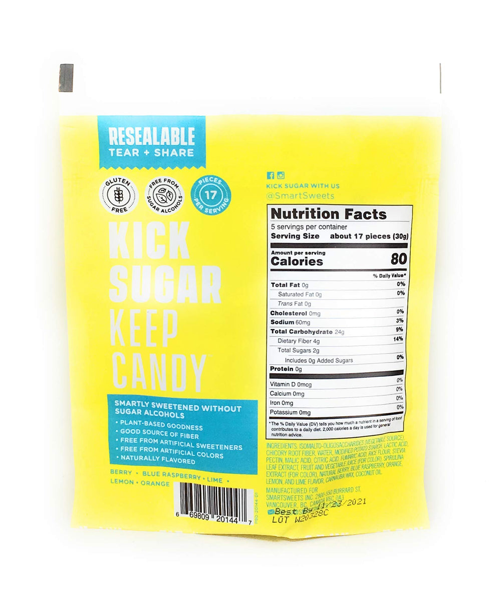 SmartSweets Sour Blast Buddies closeup candies highlighting chewy texture and sour coating.