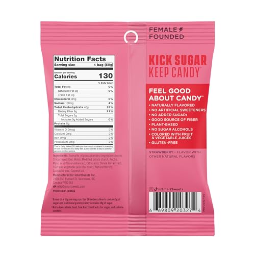SmartSweets Strawberry Hearts bag closeup highlighting juicy strawberry flavor