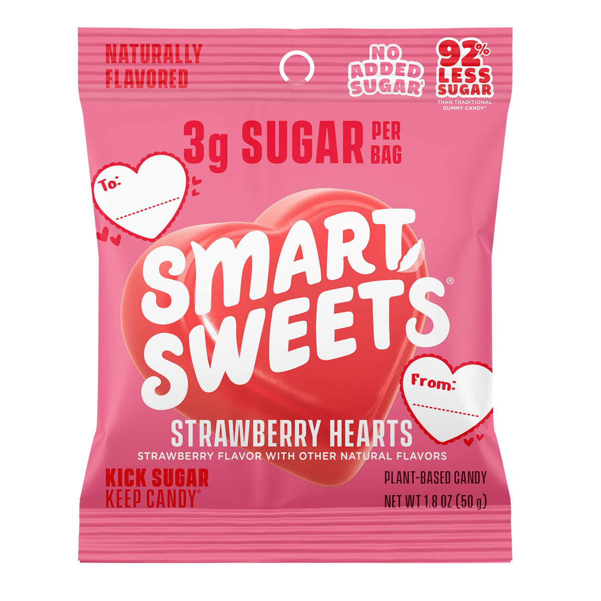 SmartSweets Strawberry Hearts pack shot showing convenient 14-pack design and low-sugar profile