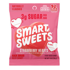 SmartSweets Strawberry Hearts pack shot showing convenient 14-pack design and low-sugar profile