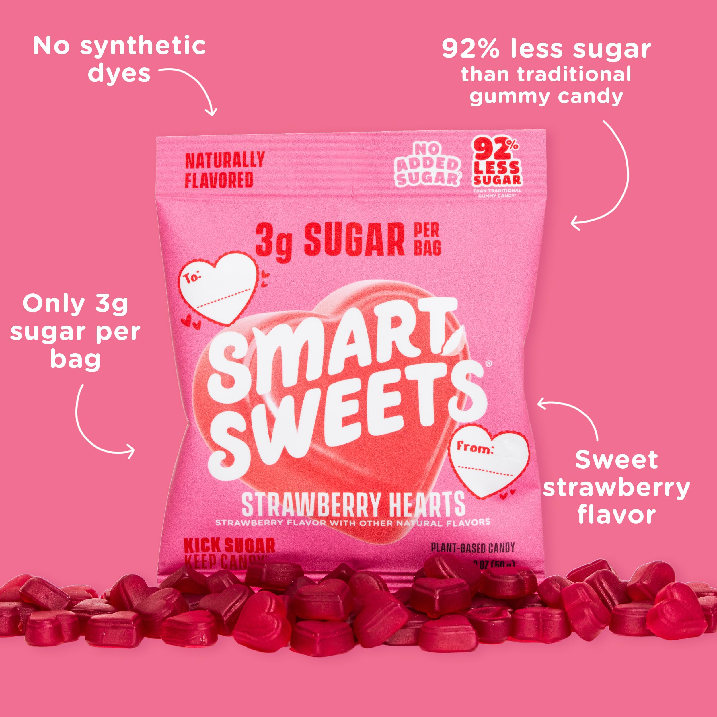 SmartSweets Strawberry Hearts snack time featuring the handy 14-pack format