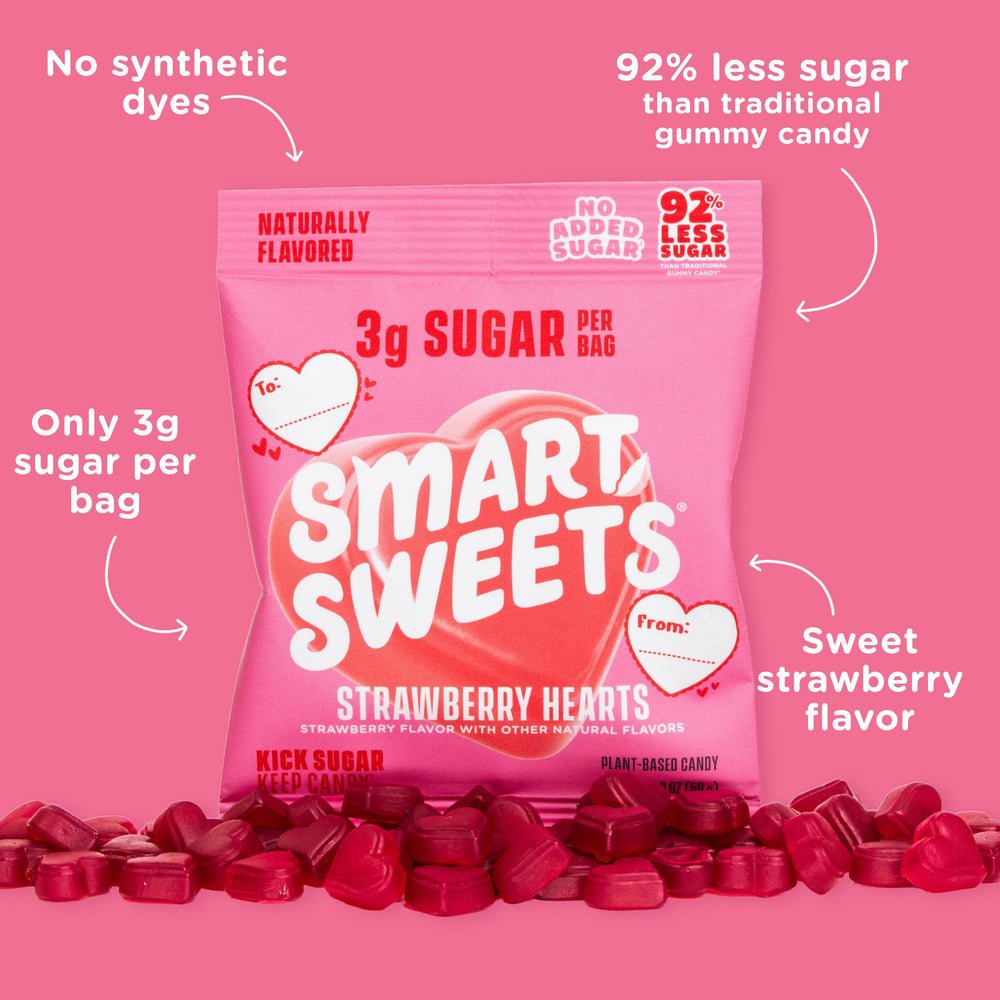 SmartSweets Strawberry Hearts snack time featuring the handy 14-pack format