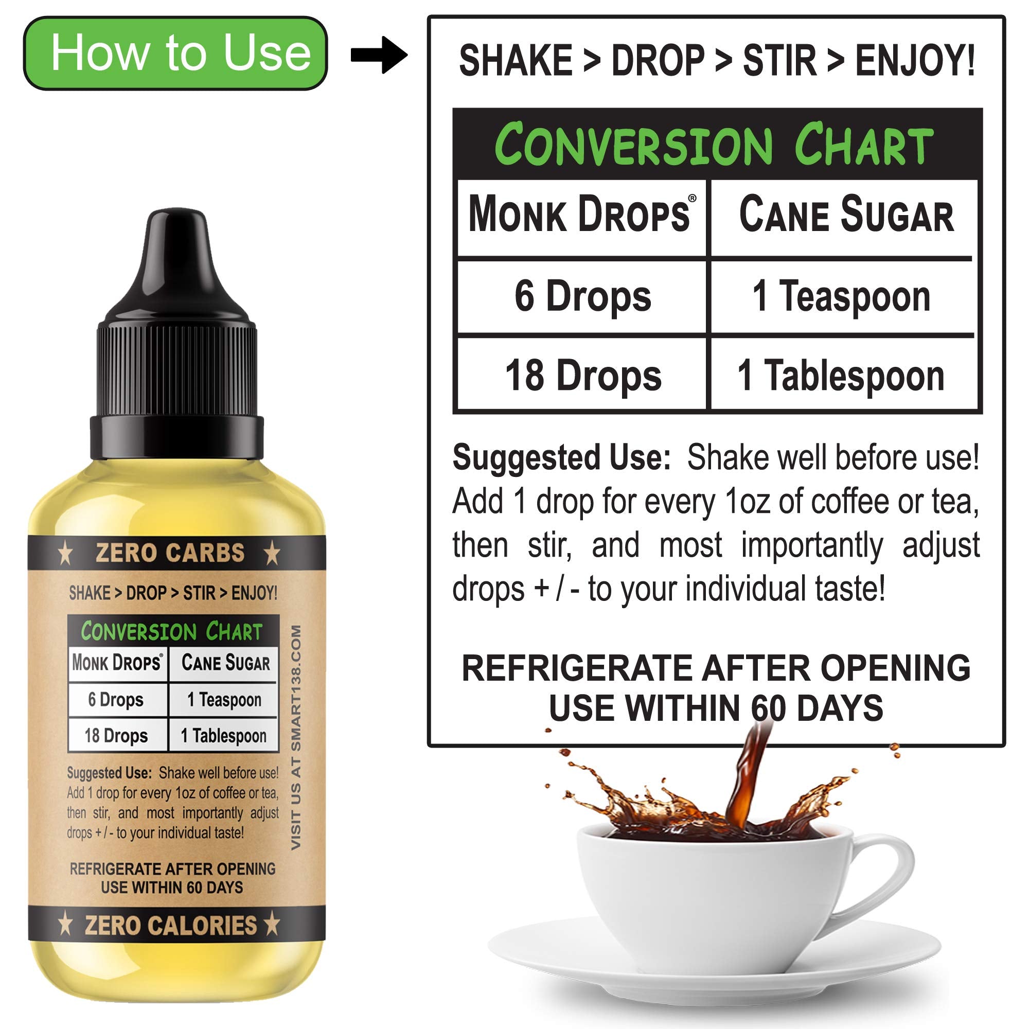 Smart138 Monk Drops in a coffee cup adding flavor with zero calories