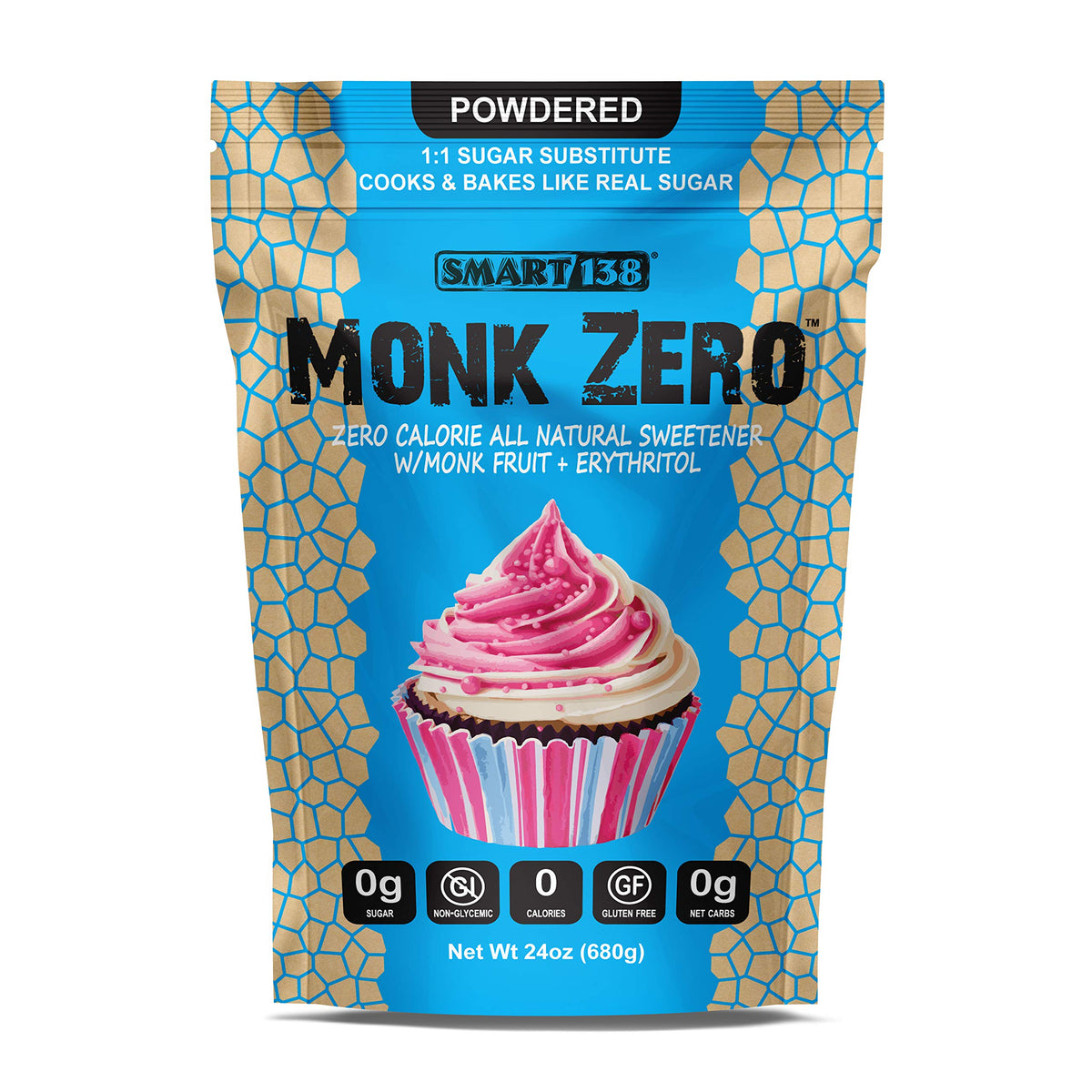 Smart138 Monk Zero powdered sweetener packaging for easy cup-for-cup sugar replacement.