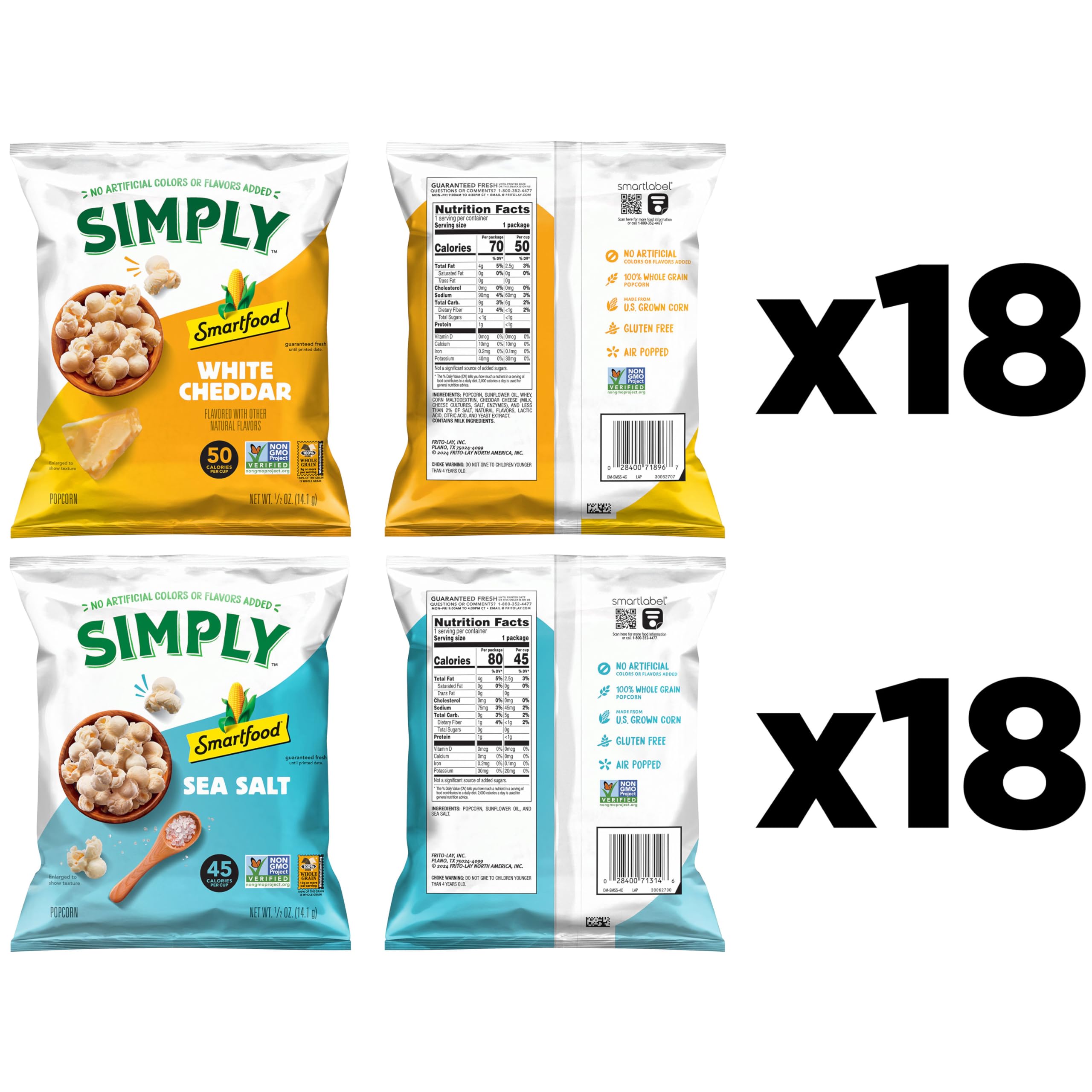 Smartfood air-popped popcorn bags showcase crunch with no artificial colors or flavors.