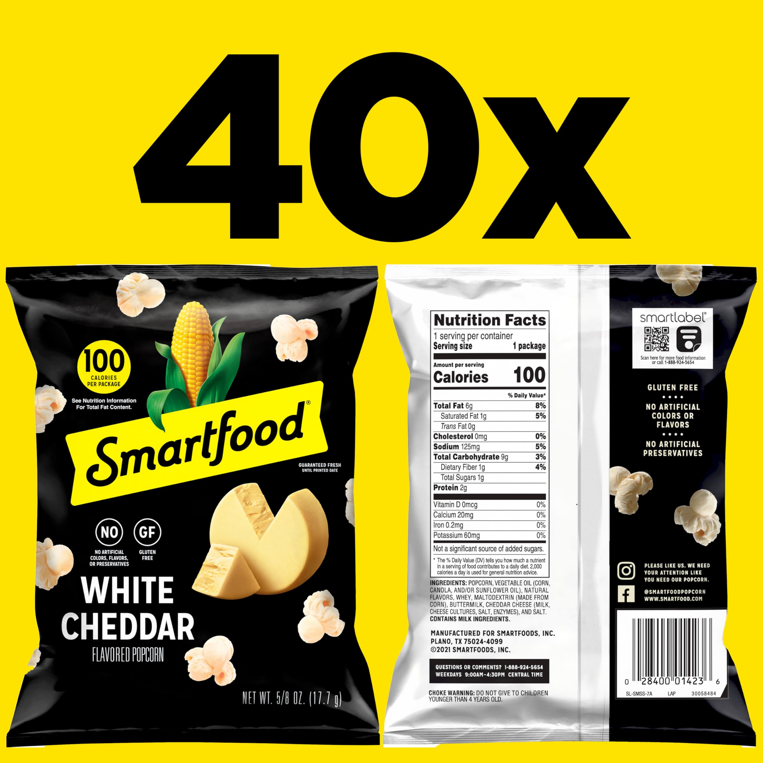 Smartfood popcorn nutrition label close-up shows 100 calories per bag.