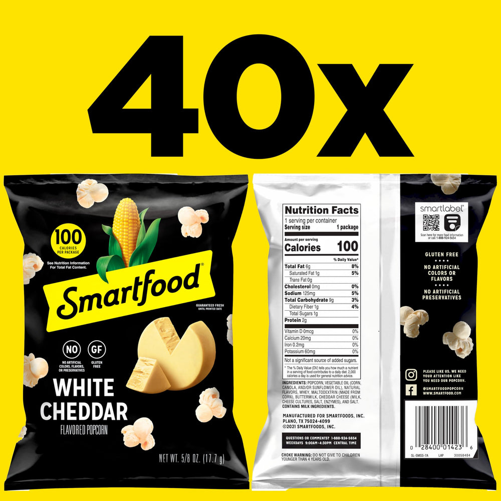 Smartfood popcorn nutrition label close-up shows 100 calories per bag.