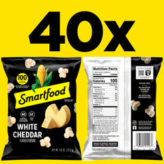 Smartfood popcorn nutrition label close-up shows 100 calories per bag.