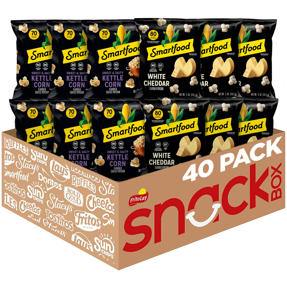 Smartfood variety pack front view showing 40-count assortment for sharing