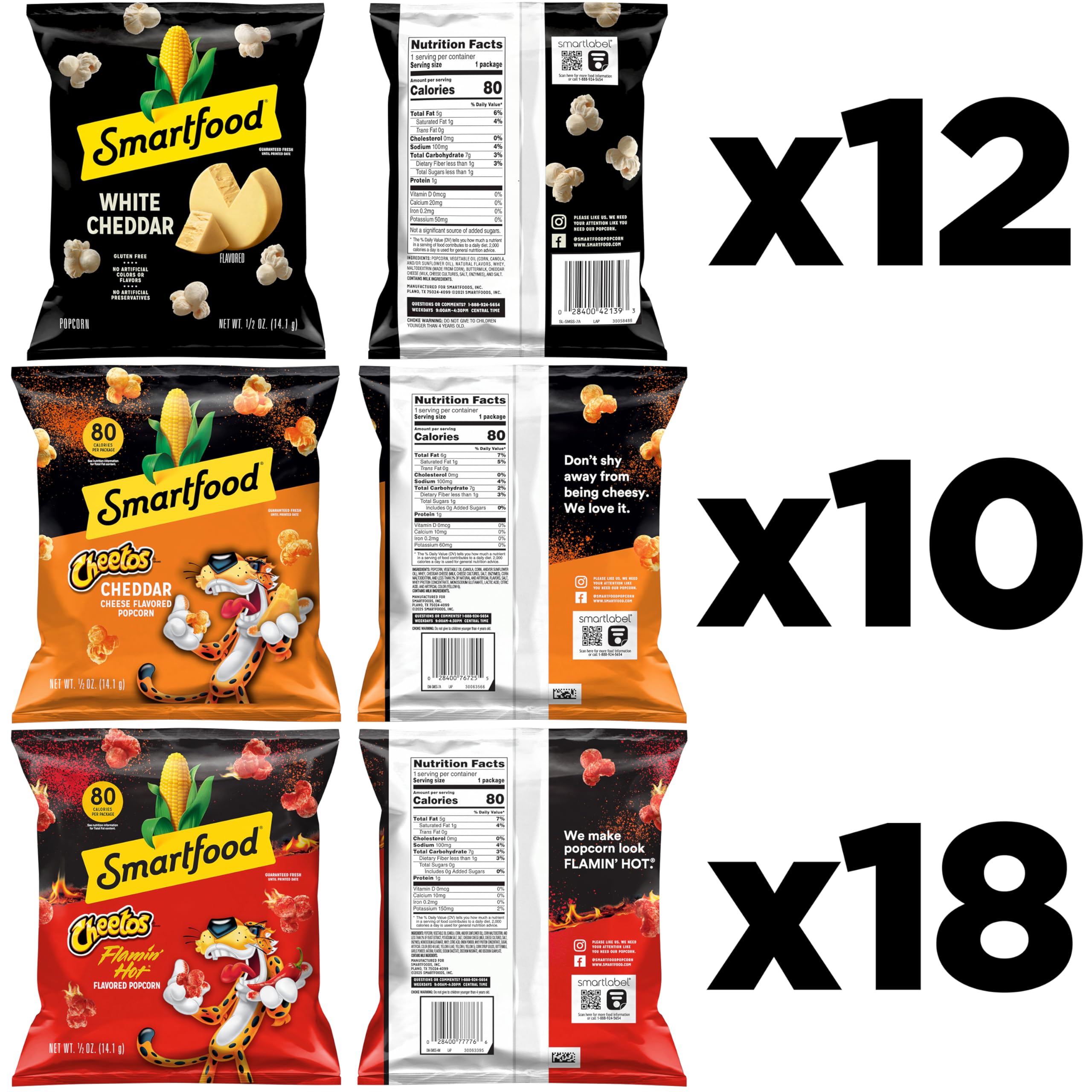 Smartfood popcorn variety pack with 40 snacks, ideal for road trips.