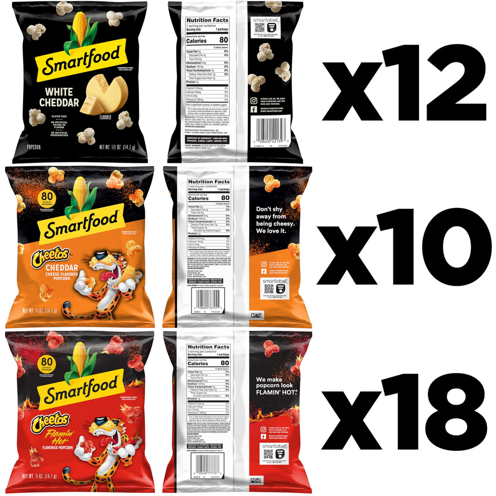 Smartfood popcorn variety pack with 40 snacks, ideal for road trips.