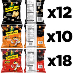 Smartfood popcorn variety pack with 40 snacks, ideal for road trips.