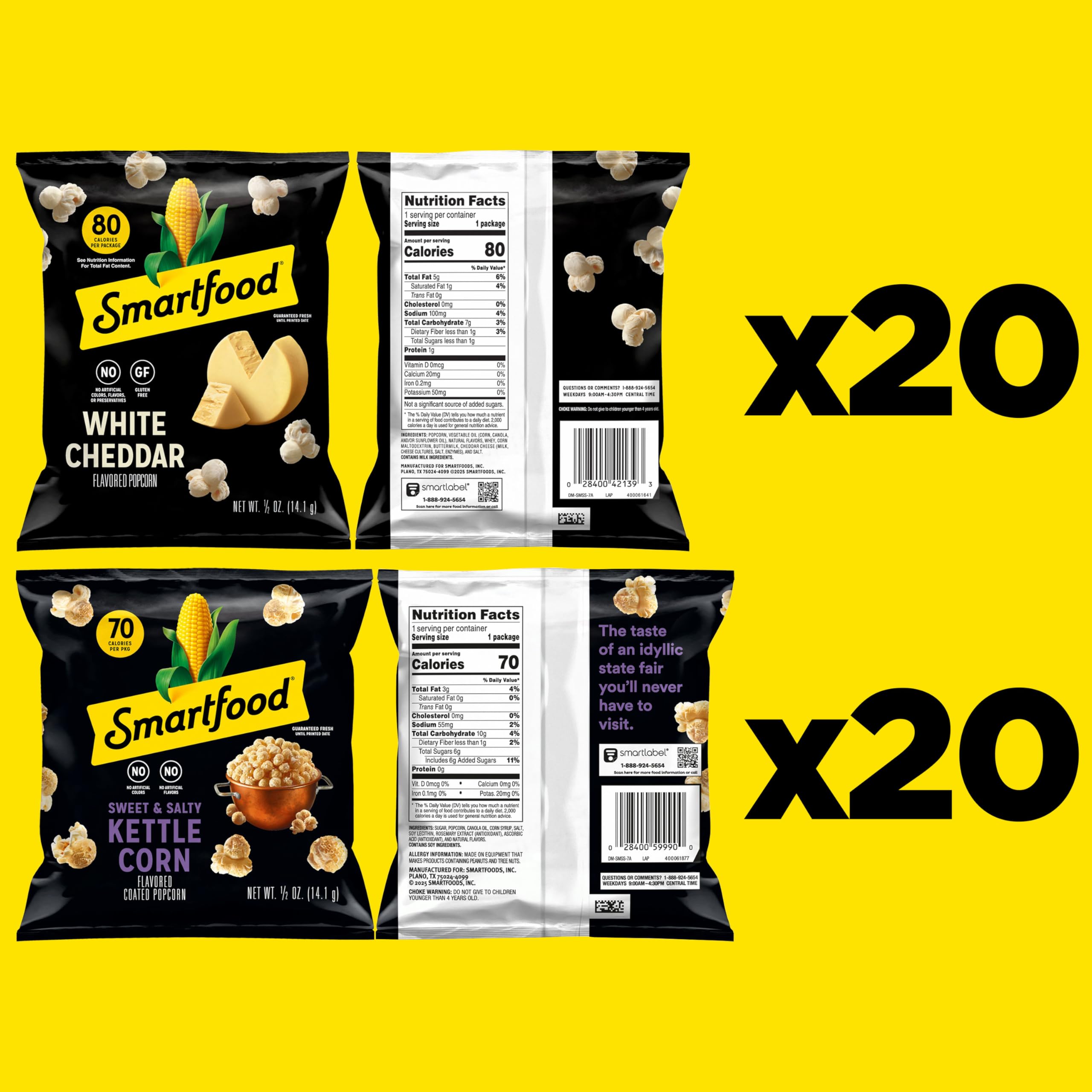 Smartfood White Cheddar bags close-up highlighting tangy cheddar flavor