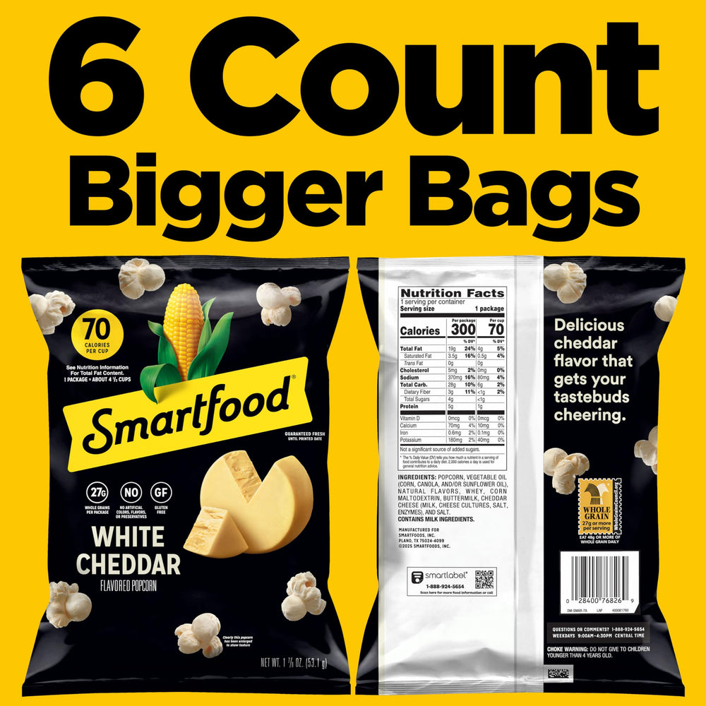 Close-up of Smartfood White Cheddar kernels with cheese coating
