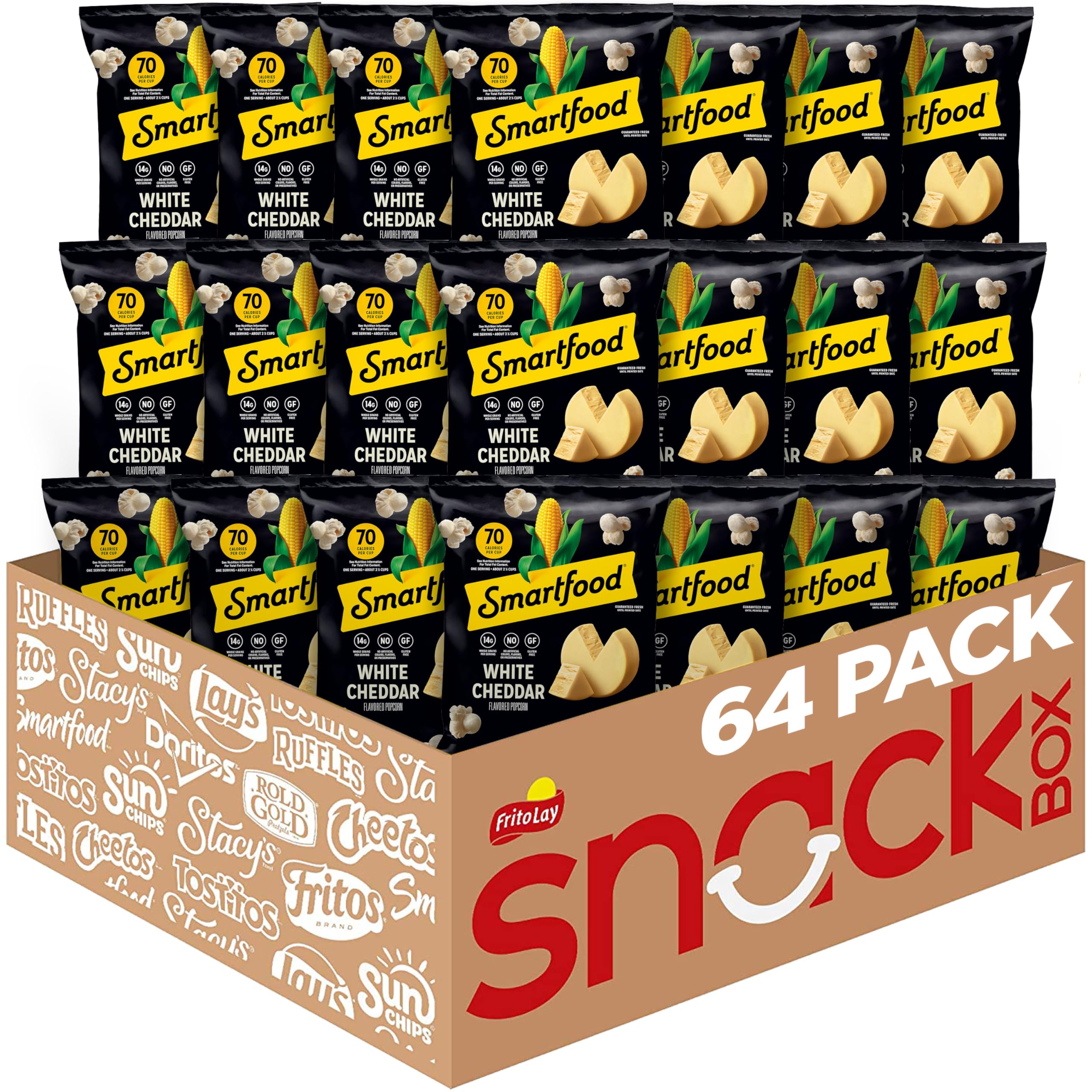 Smartfood White Cheddar popcorn 64-pack front view, convenient multi-pack for family snacking.
