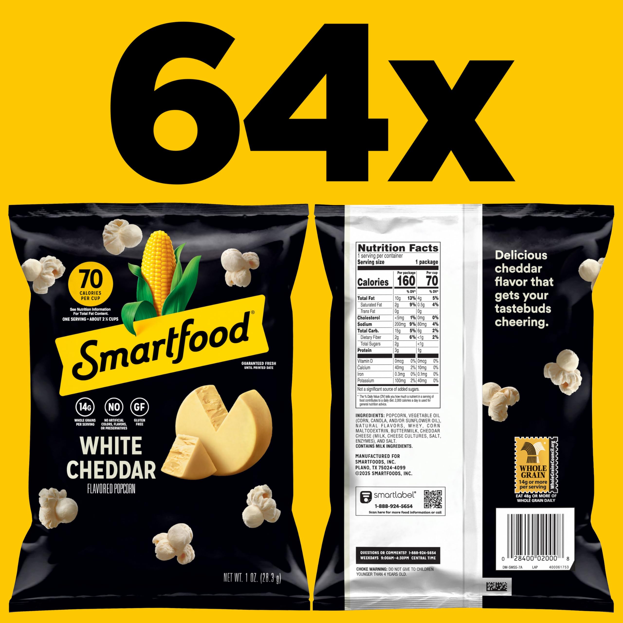 Smartfood White Cheddar popcorn single bag close-up highlighting cheesy flavor.