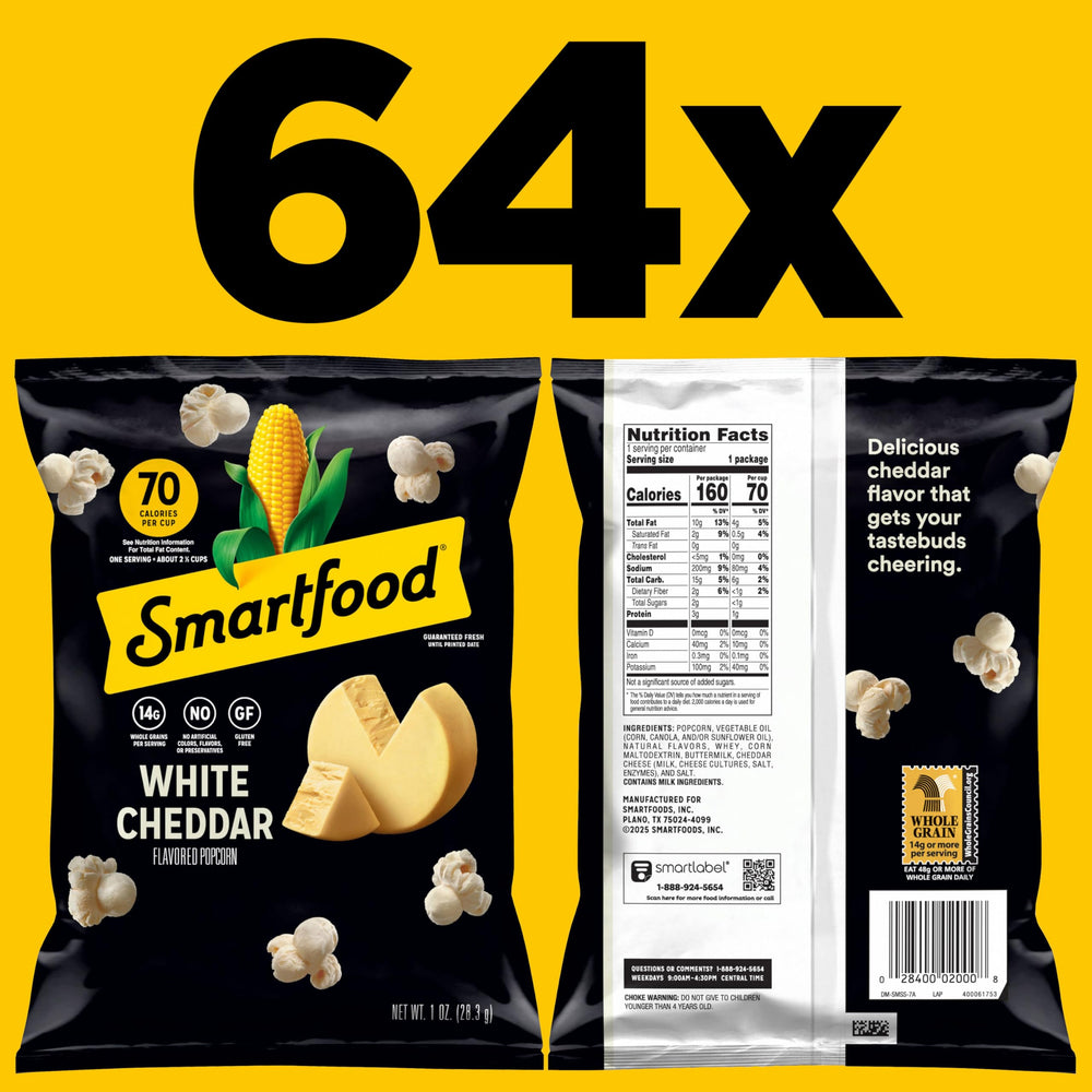 Smartfood White Cheddar popcorn single bag close-up highlighting cheesy flavor.