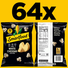 Smartfood White Cheddar popcorn single bag close-up highlighting cheesy flavor.