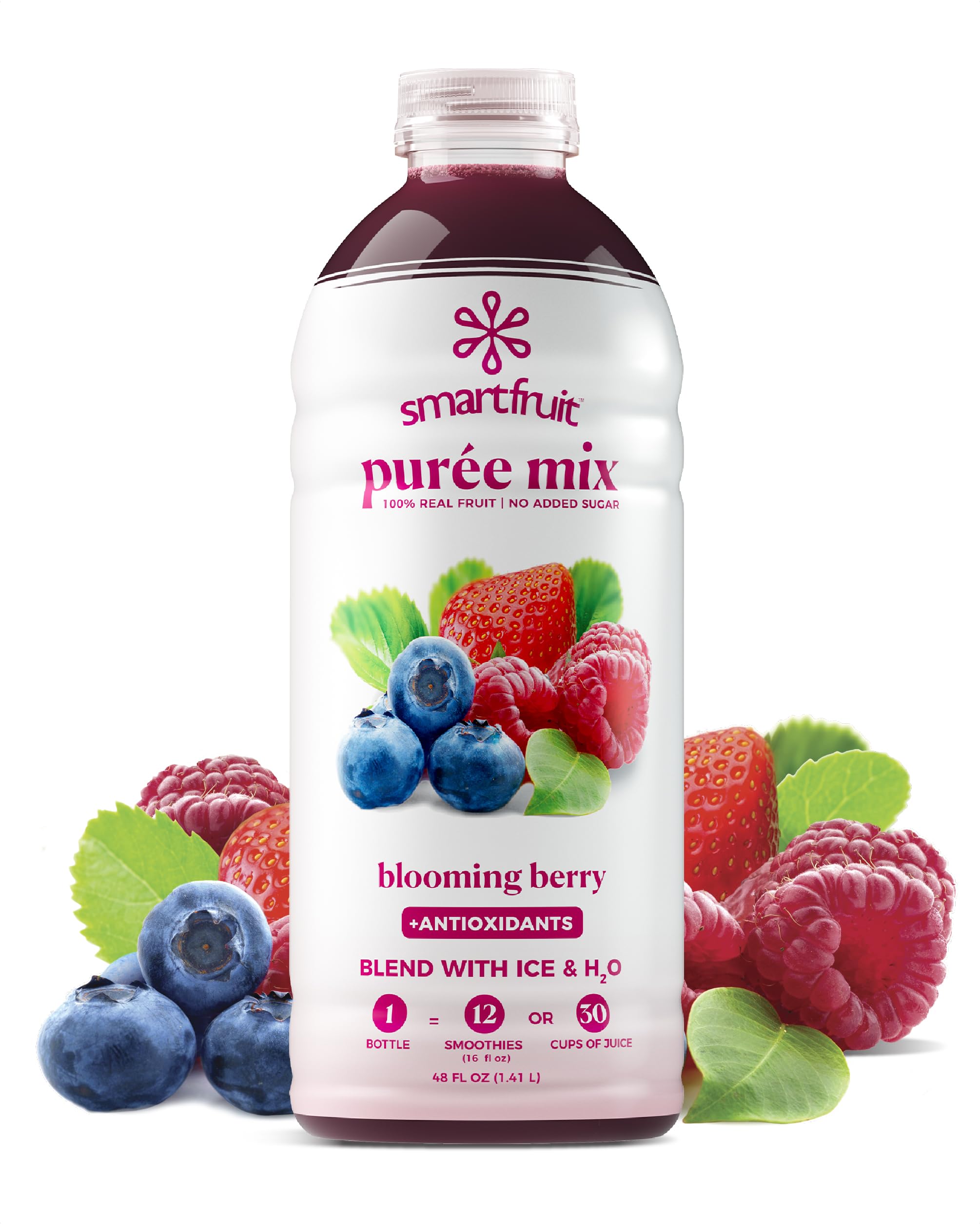 Smartfruit Blooming Berry puree bottle shows real fruit for vibrant smoothies.