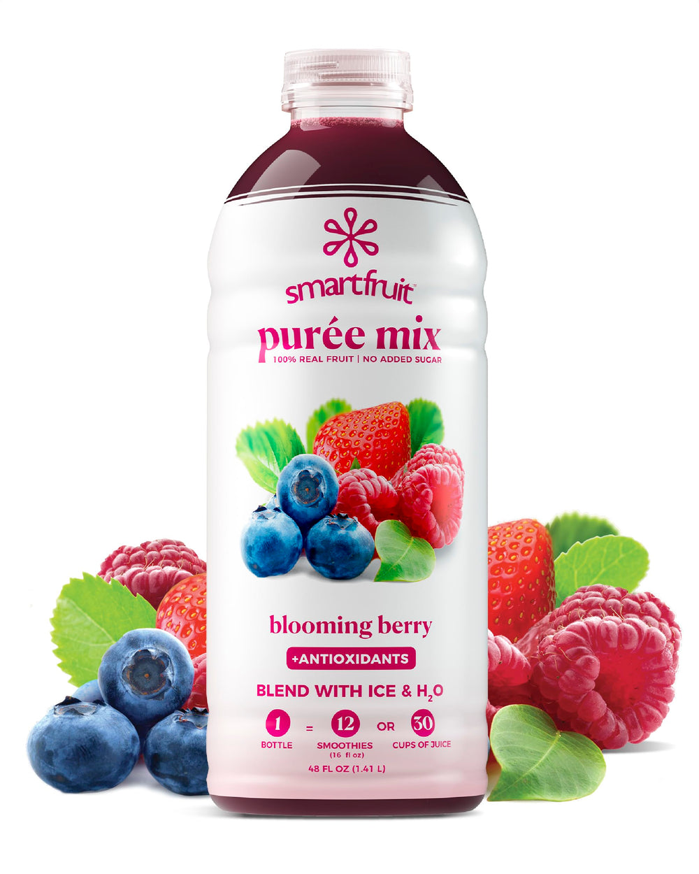 Smartfruit Blooming Berry puree bottle shows real fruit for vibrant smoothies.