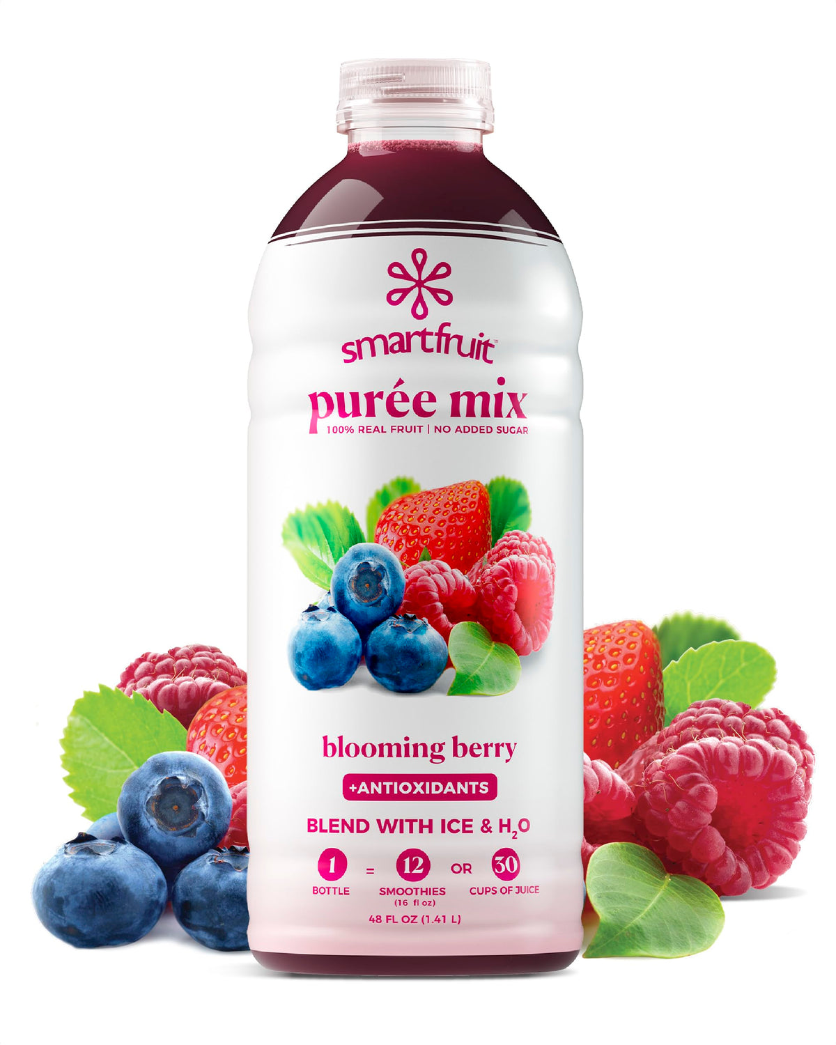 Smartfruit Blooming Berry puree bottle shows real fruit for vibrant smoothies.