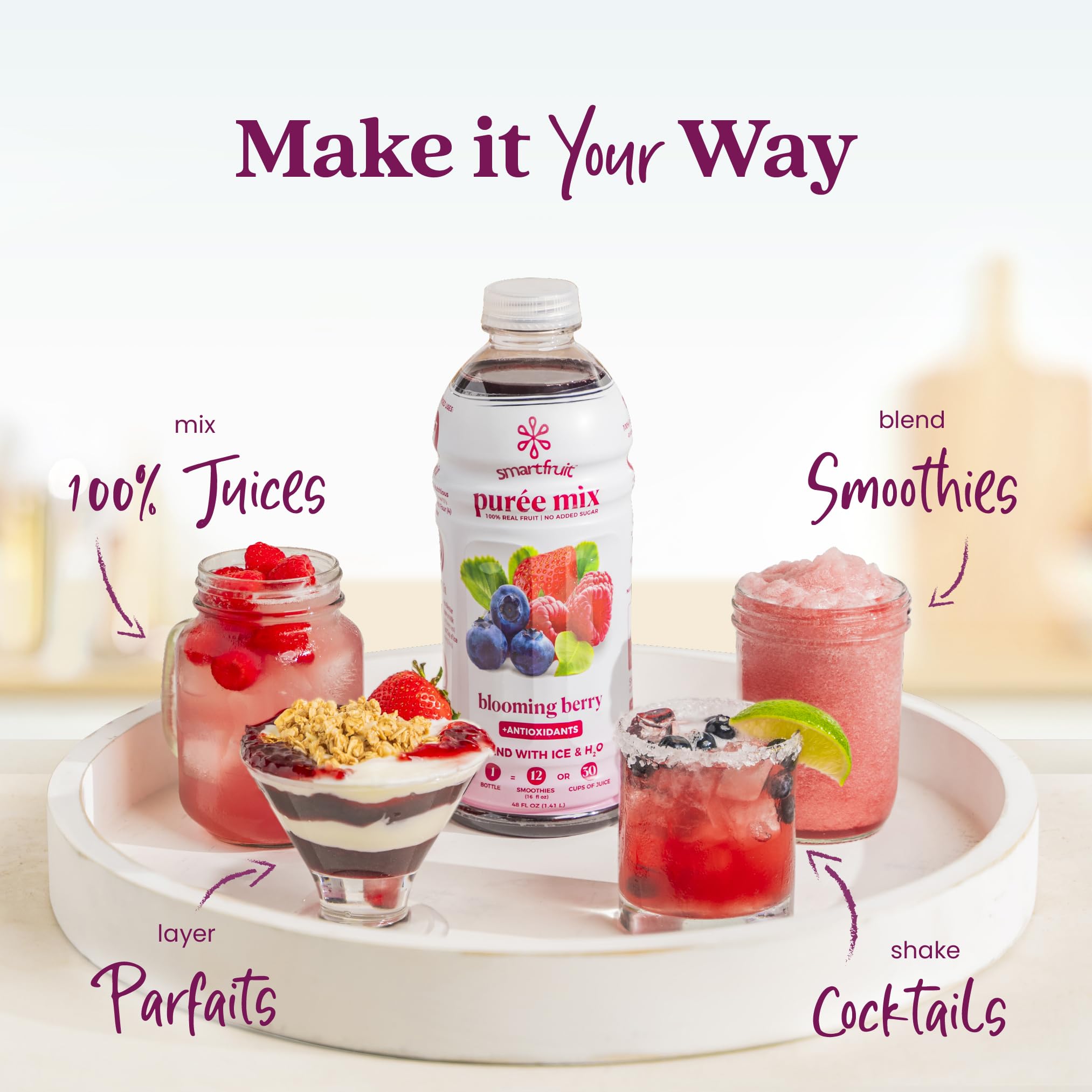 Smartfruit Blooming Berry puree label signals non-GMO, gourmet quality.
