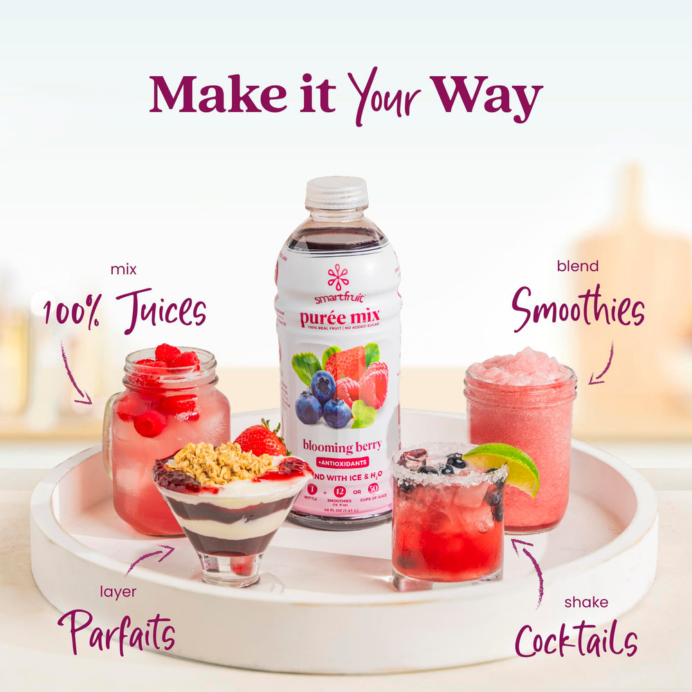 Smartfruit Blooming Berry puree label signals non-GMO, gourmet quality.