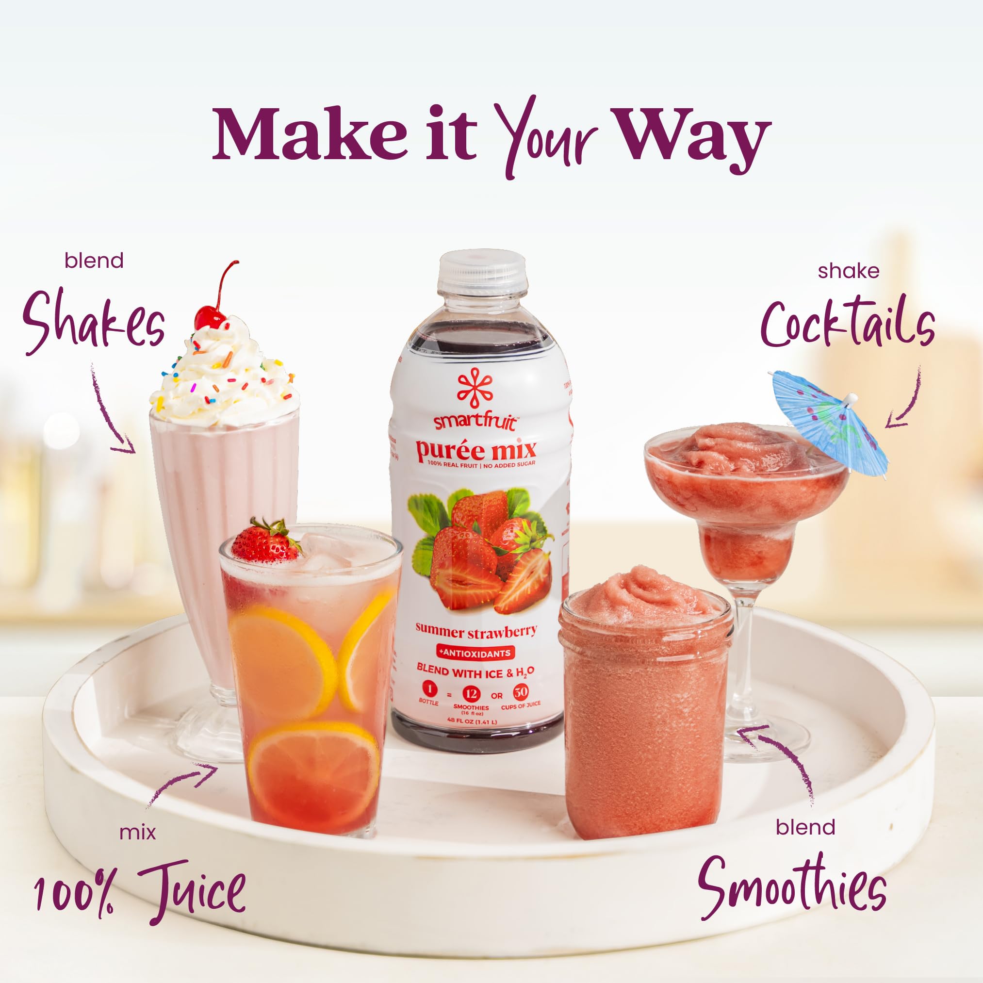 Smartfruit bottle on kitchen counter beside fresh fruit.