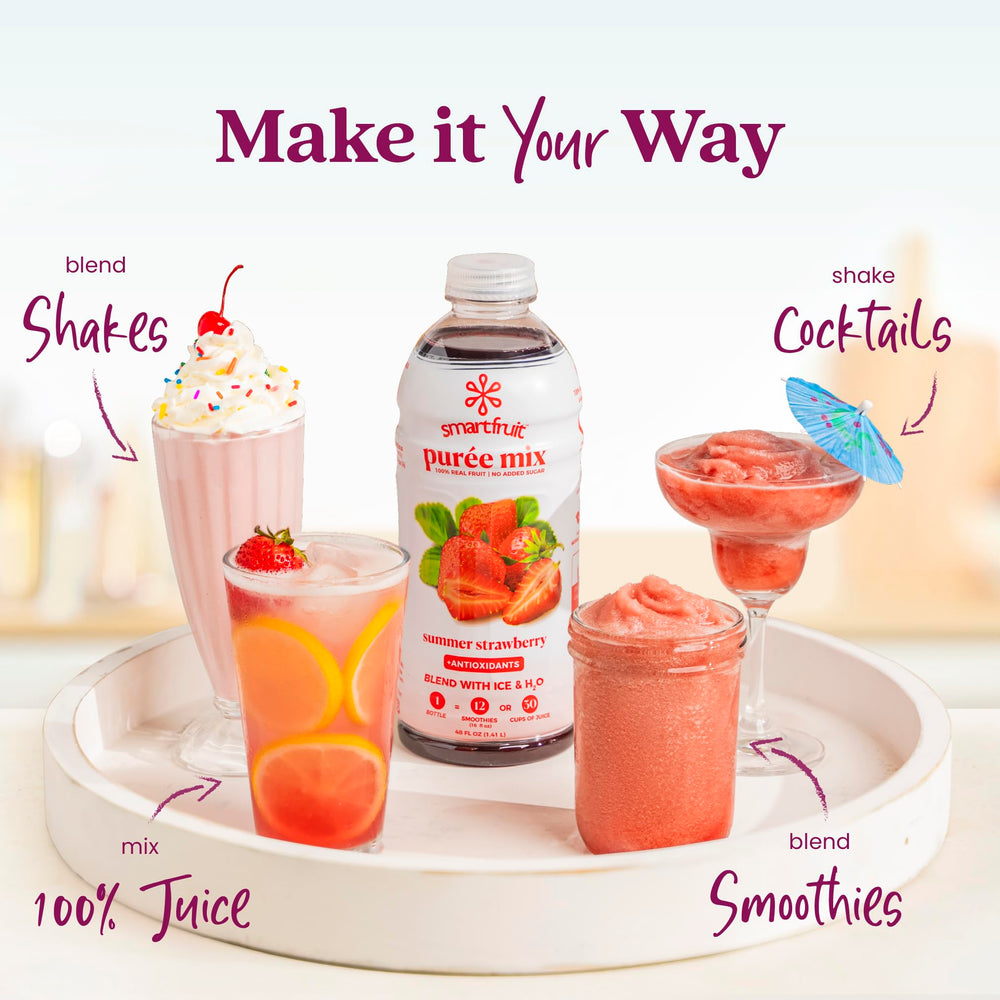 Smartfruit bottle on kitchen counter beside fresh fruit.
