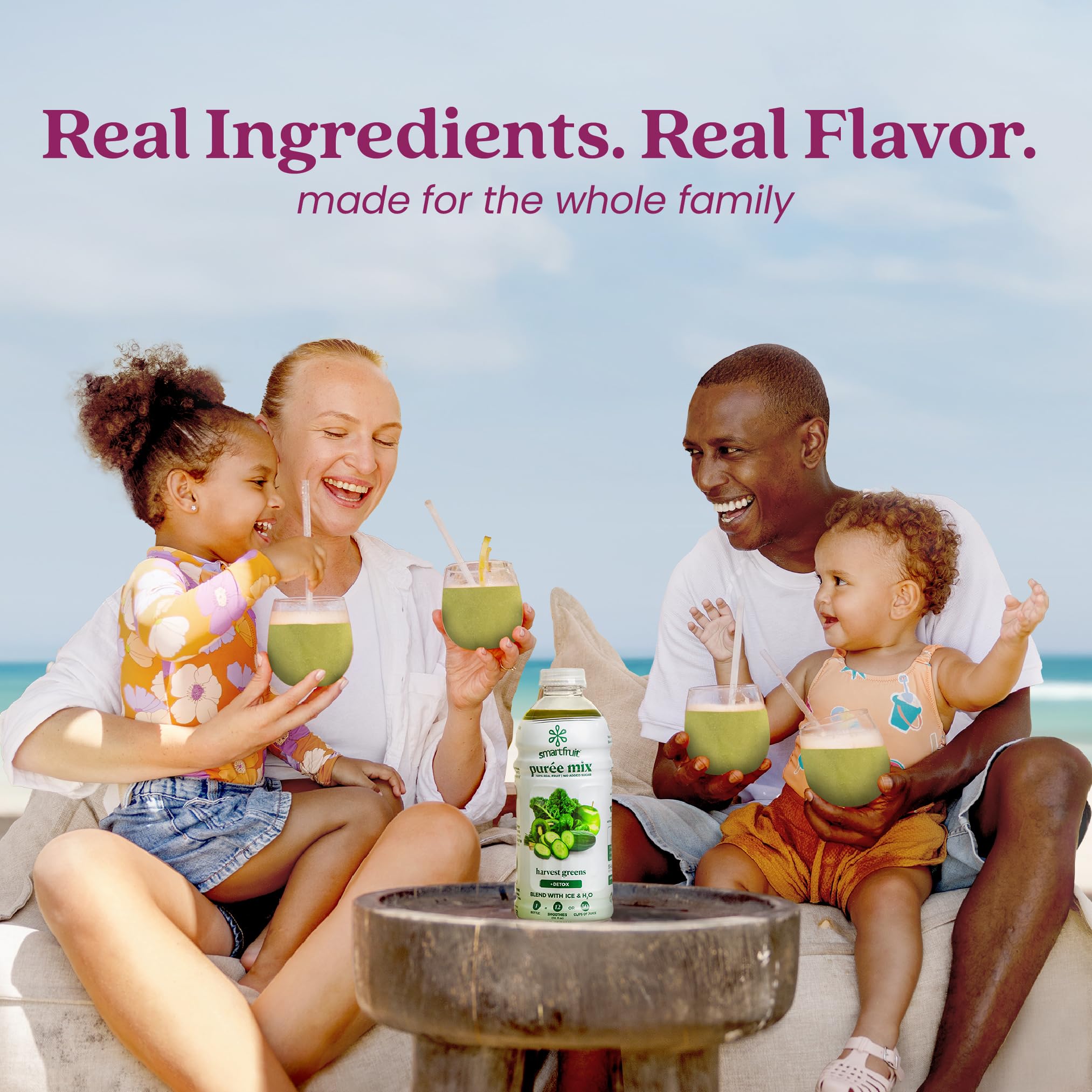 Smartfruit Harvest Greens + Detox bottle next to a blender for smoothies.