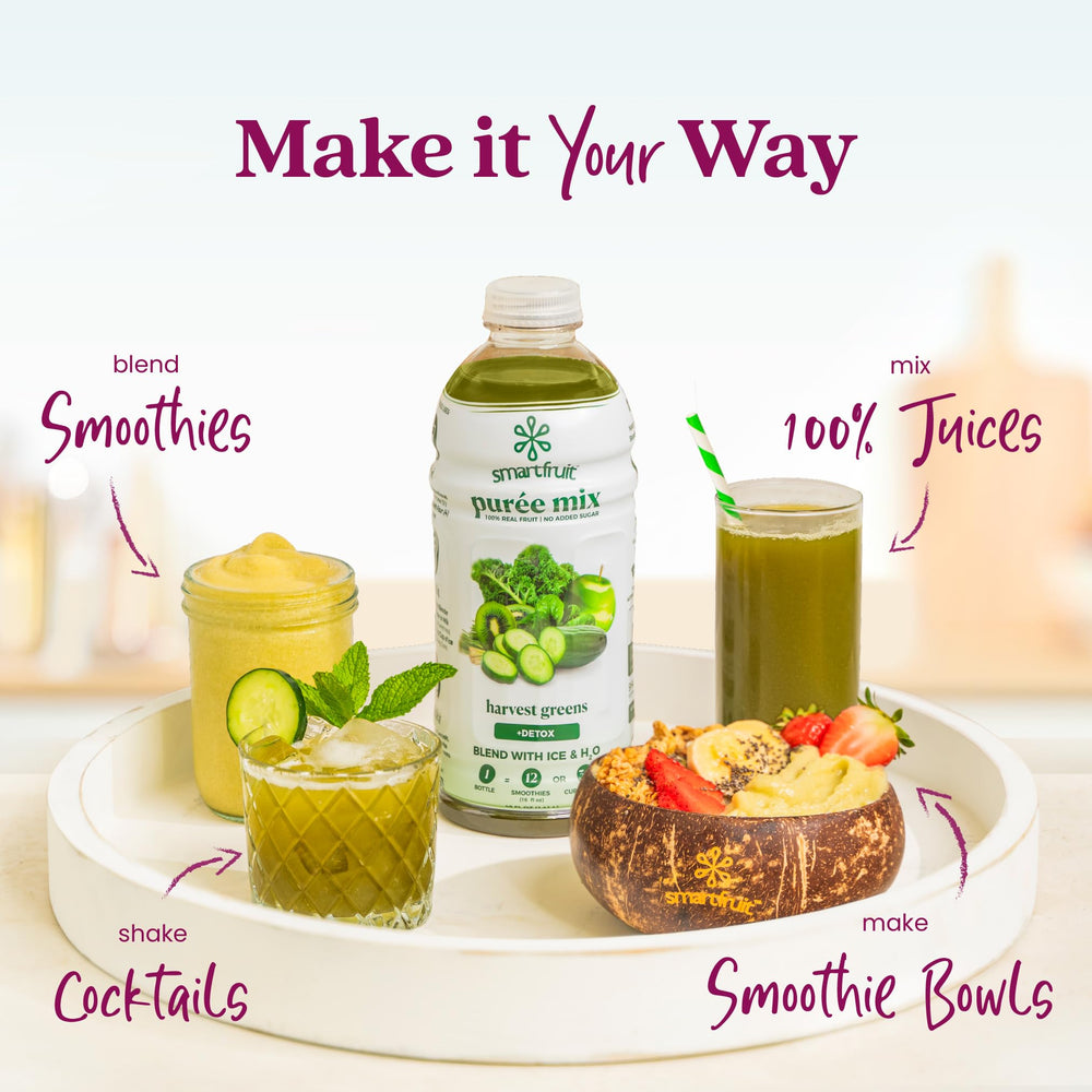 Smartfruit Harvest Greens + Detox bottle beside a cocktail glass.