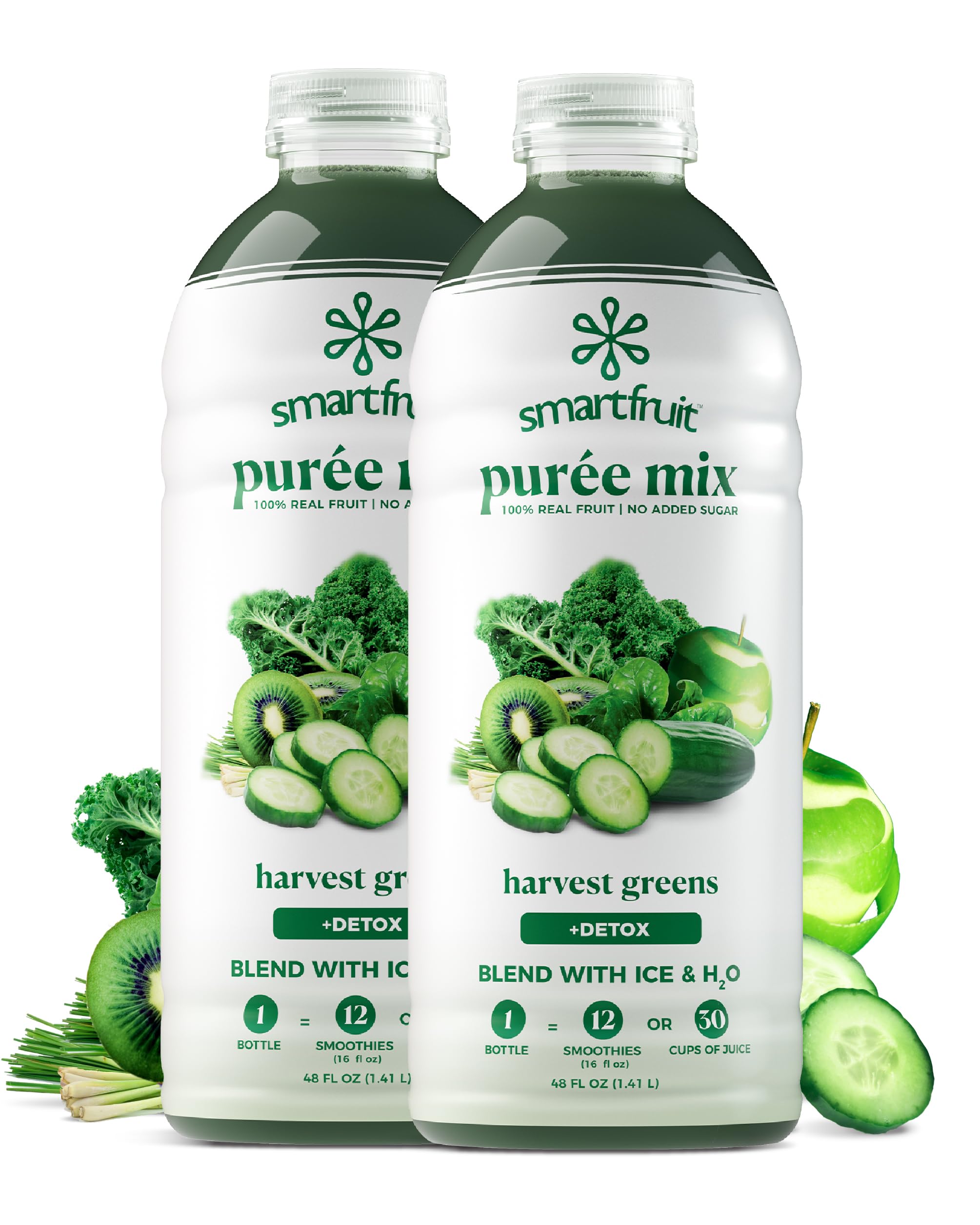 Smartfruit Harvest Greens + Detox bottle shows real fruit purée ready for smoothies.