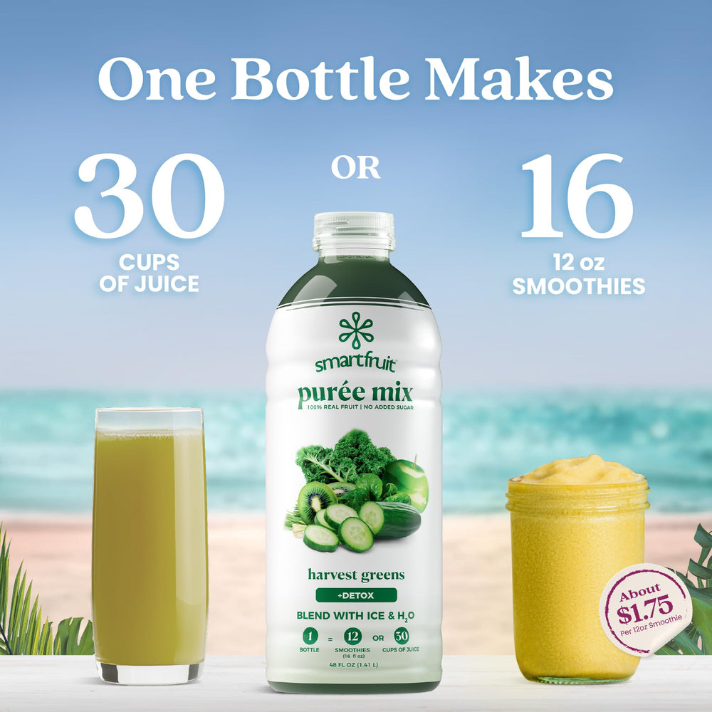 Smartfruit Harvest Greens + Detox ingredients close-up with kiwi and kale.