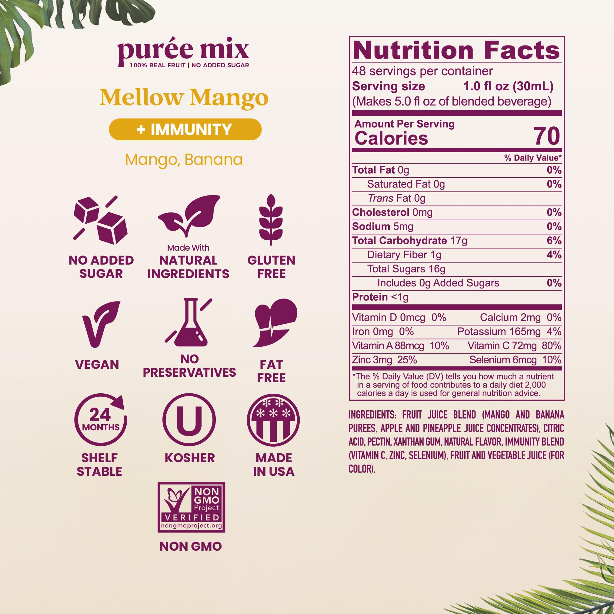 Smartfruit Mellow Mango + Immunity label showing mango flavor and nutrients