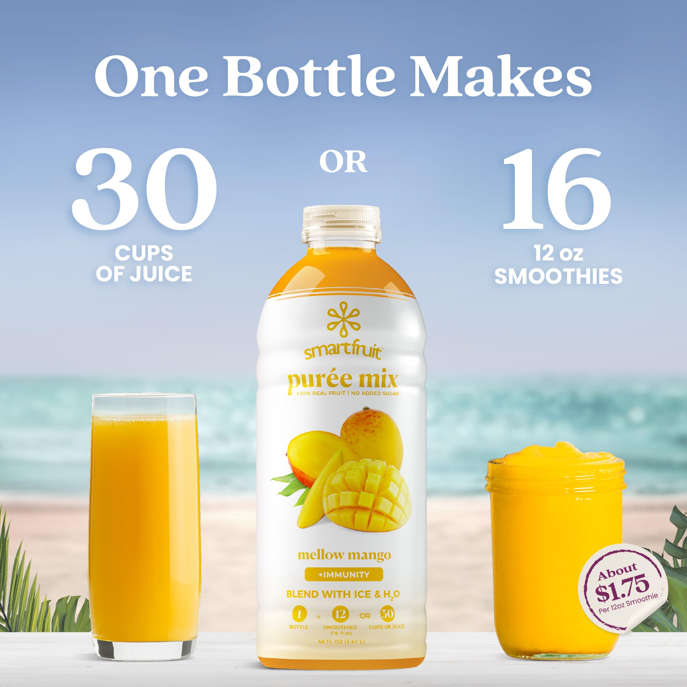 Smartfruit Mellow Mango + Immunity smoothie in glass, ideal for busy mornings
