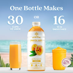 Smartfruit Perfect Peach + Energy bottle beside blender, perfect for smoothies