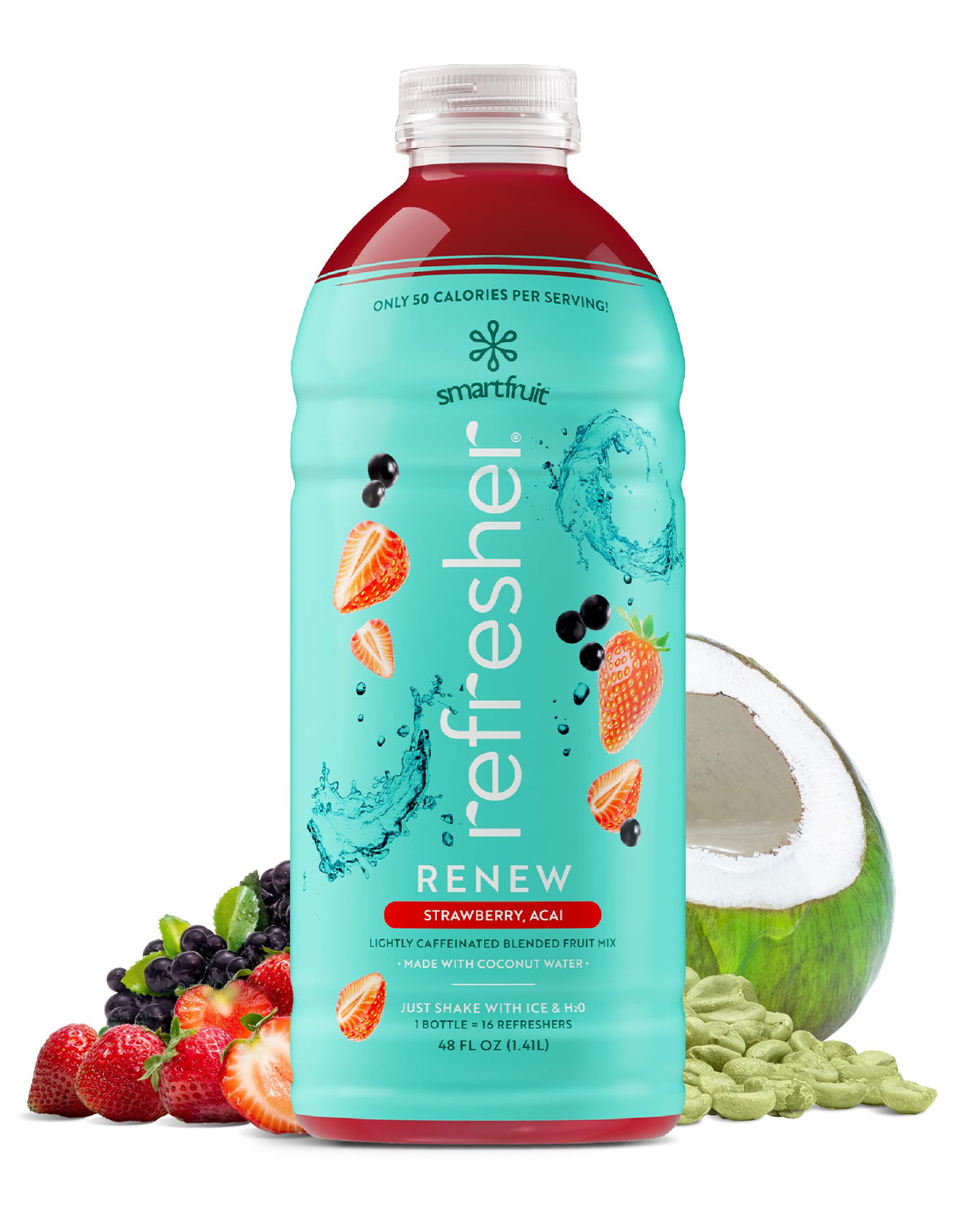 Smartfruit Renew Refresher strawberry acai bottle ready for sipping with natural energy