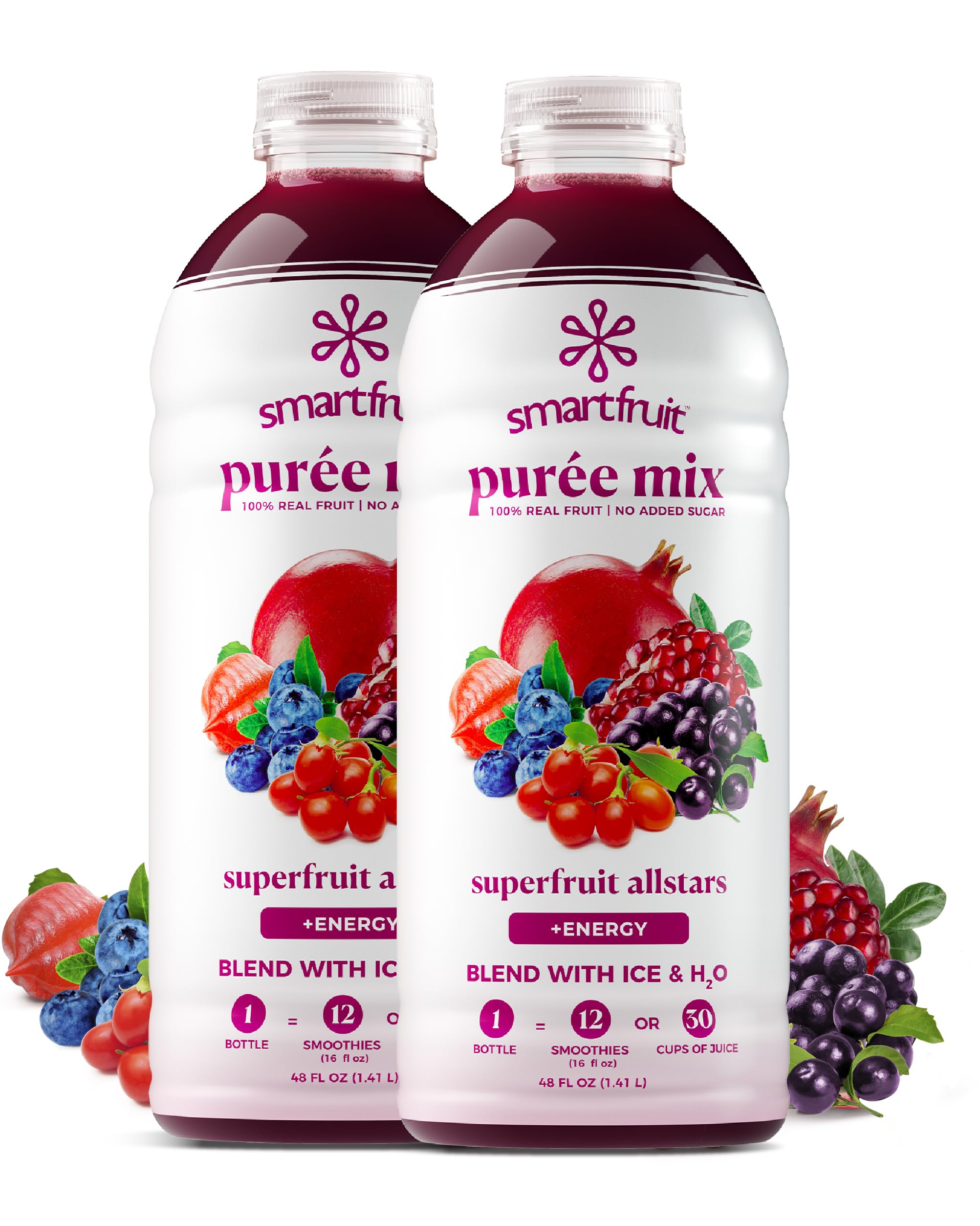 Smartfruit Superfruit All-Stars Energy bottle pour—real fruit purée for smoothies.